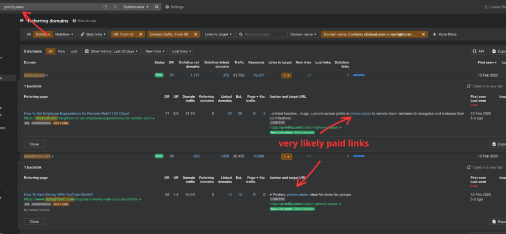 showing very likely paid links from printify